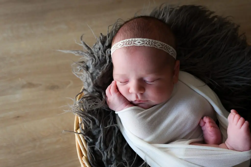 bébé emmailloté panier fourrure grise bandeau dentelle blanche
